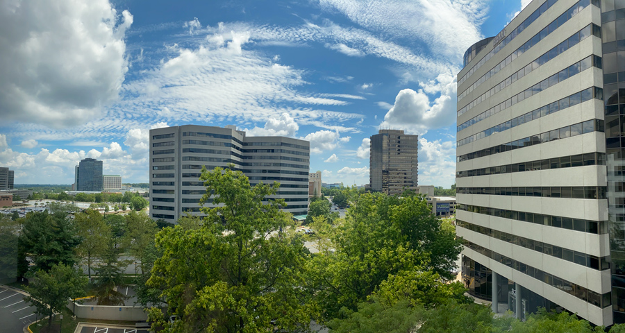 Office buildings with trees in Tysons Corner, Virginia.