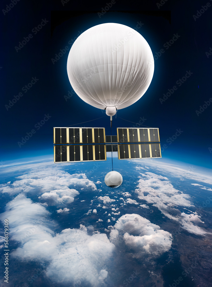 Stock image of a spy balloon with payload and solar panel array.