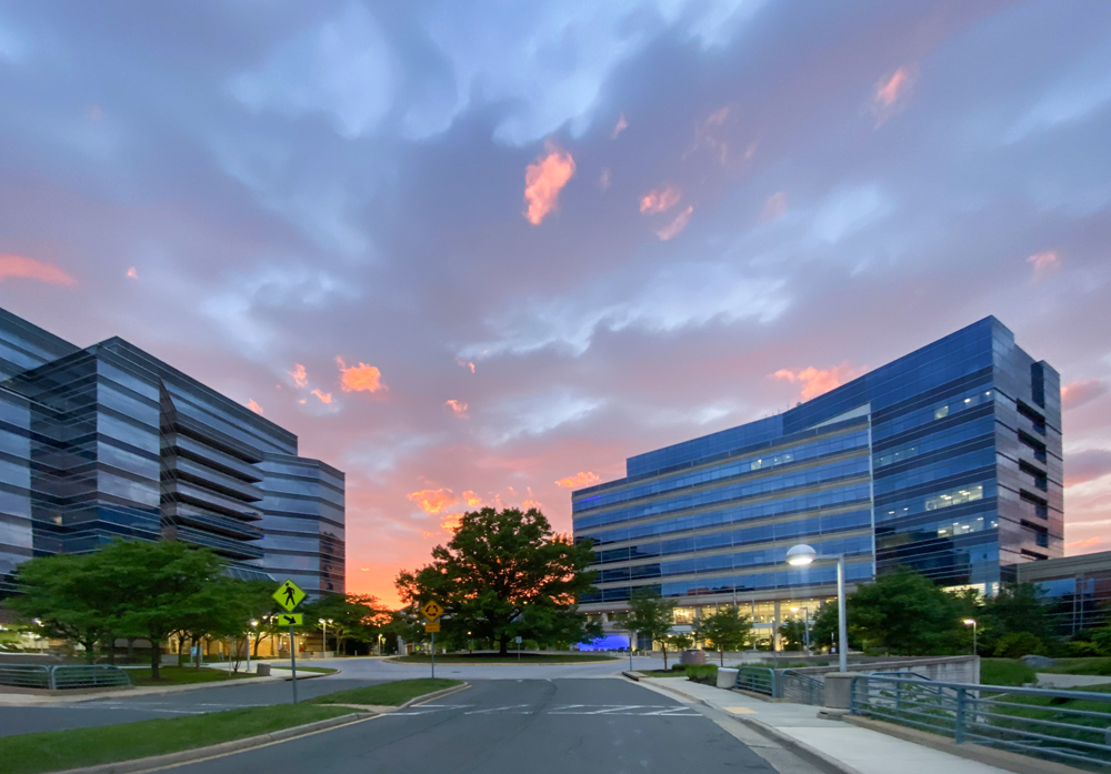 Fairfax Police headquarters with Pennino building at sunset